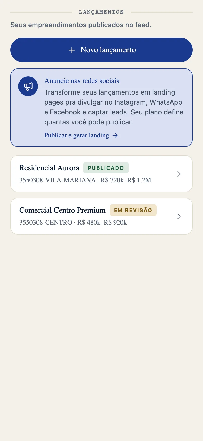 Tela de lançamentos do app do corretor, com os empreendimentos publicados e seus estágios.