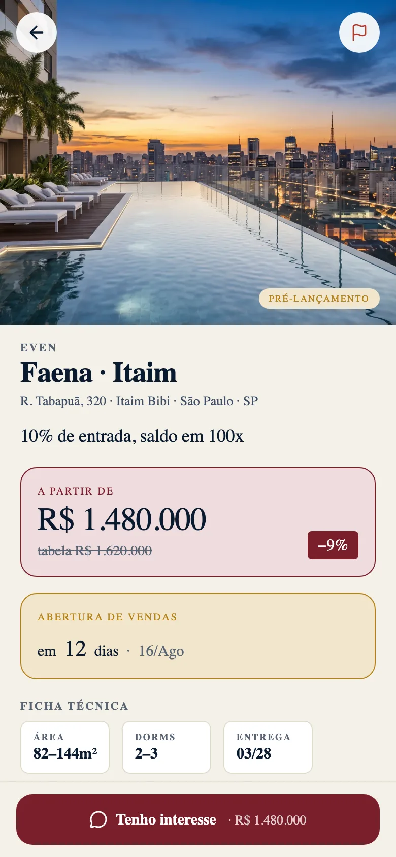Página pública do lançamento aberta no navegador do celular: foto do empreendimento no topo, selo de pré-lançamento, preço a partir de R$ 1.480.000 com desconto sobre a tabela e ficha técnica.
