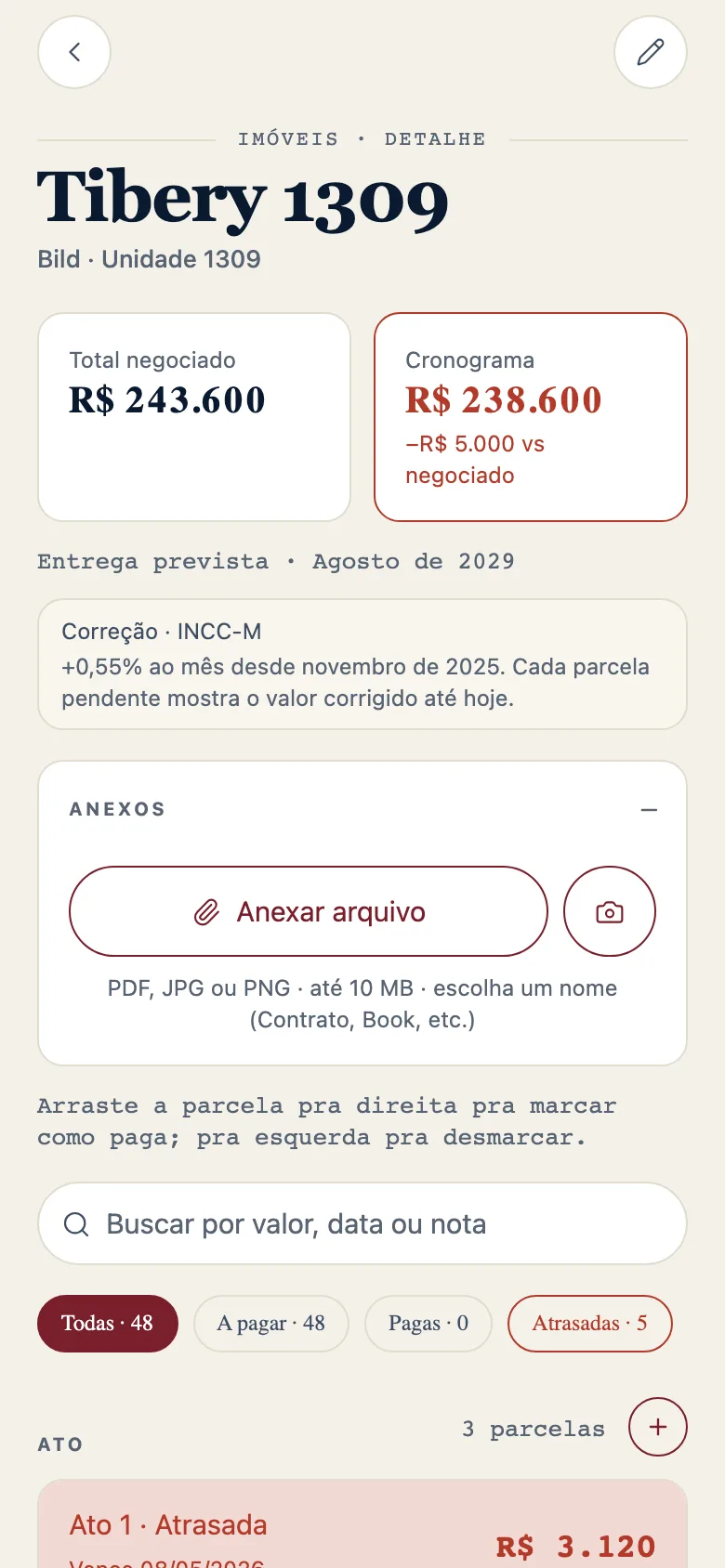 Tela de detalhe da unidade no Atinio, com o total negociado, o cronograma do contrato e a lista de parcelas.