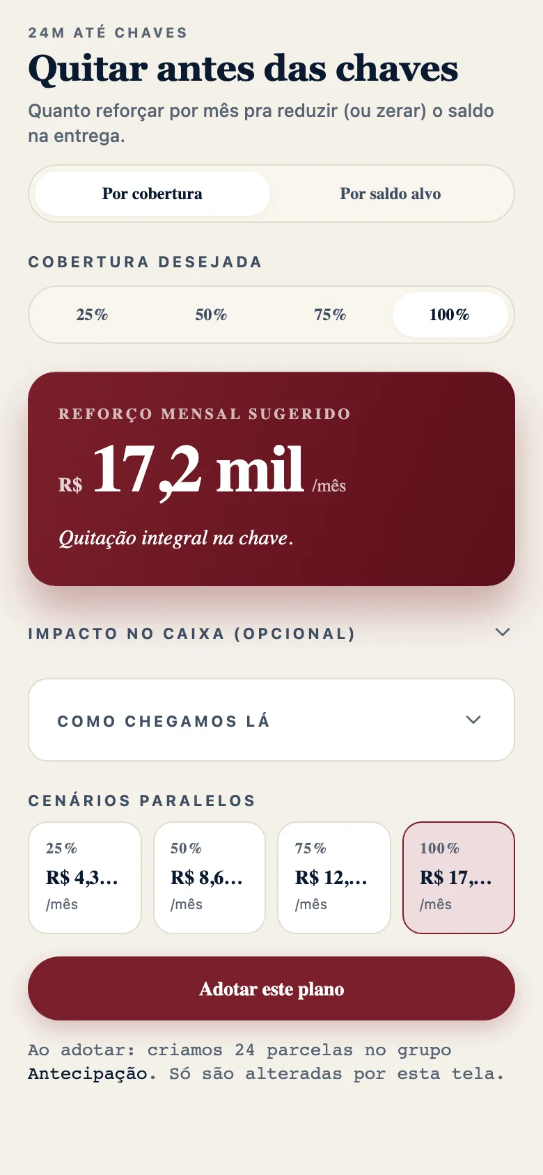 Tela Quitar antes das chaves, com a escolha entre cobertura e saldo alvo, os chips de 25 a 100 por cento, o reforço mensal sugerido de R$ 17,2 mil por mês, os cenários paralelos e o botão de adotar o plano.